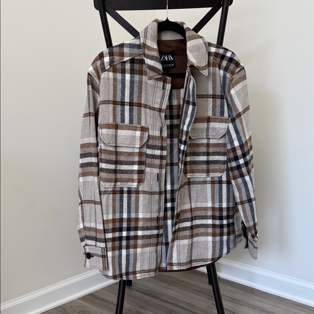 Zara Brown and Cream Checkered Shirt Jacket